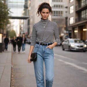 Vince Camuto Parisian Chic Breton Stripe Mock Neck Top SZ M/L